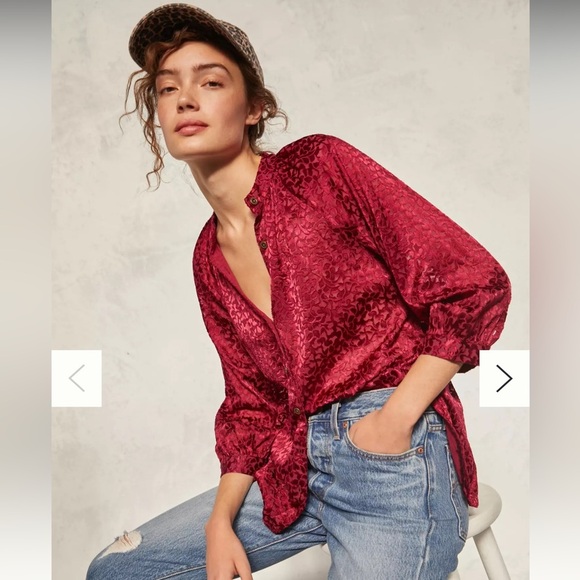 Anthropologie Tops - Anthropologie Susanna Burnout Velvet Buttondown Blouse Red XS
